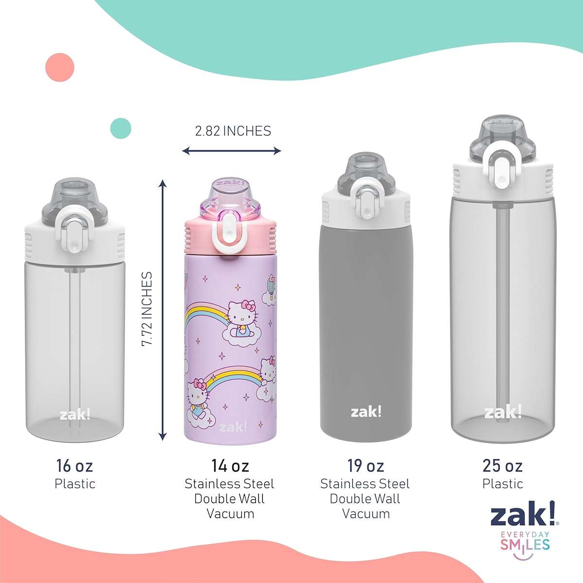 Zak Designs Sanrio Sage Kids Water Bottle For School or Travel, 14oz Stainless Steel Water Bottle With Straw, Handle, and Leak-Proof, Pop-Up Spout Cover (Hello Kitty) - Image 3
