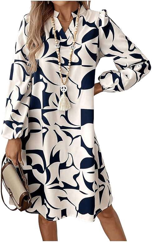 SweatyRocks Women's Geometric Pattern Printed V Neck Dress Collar Lantern Long Sleeve Casual Dresses - Image 1