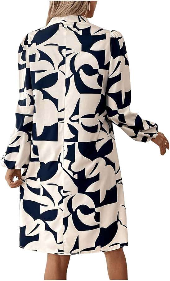 SweatyRocks Women's Geometric Pattern Printed V Neck Dress Collar Lantern Long Sleeve Casual Dresses - Image 2