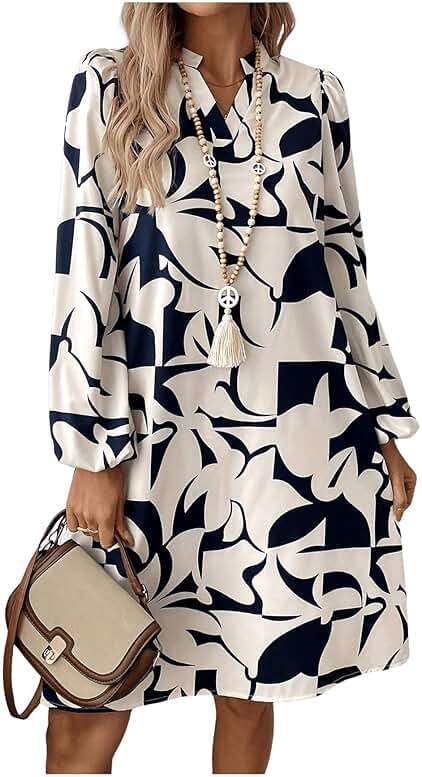 SweatyRocks Women's Geometric Pattern Printed V Neck Dress Collar Lantern Long Sleeve Casual Dresses - Image 3