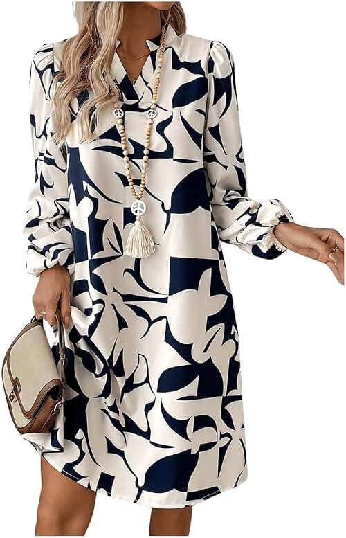 SweatyRocks Women's Geometric Pattern Printed V Neck Dress Collar Lantern Long Sleeve Casual Dresses - Image 4