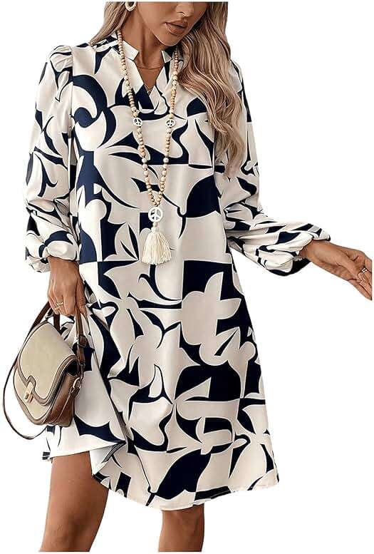 SweatyRocks Women's Geometric Pattern Printed V Neck Dress Collar Lantern Long Sleeve Casual Dresses - Image 5