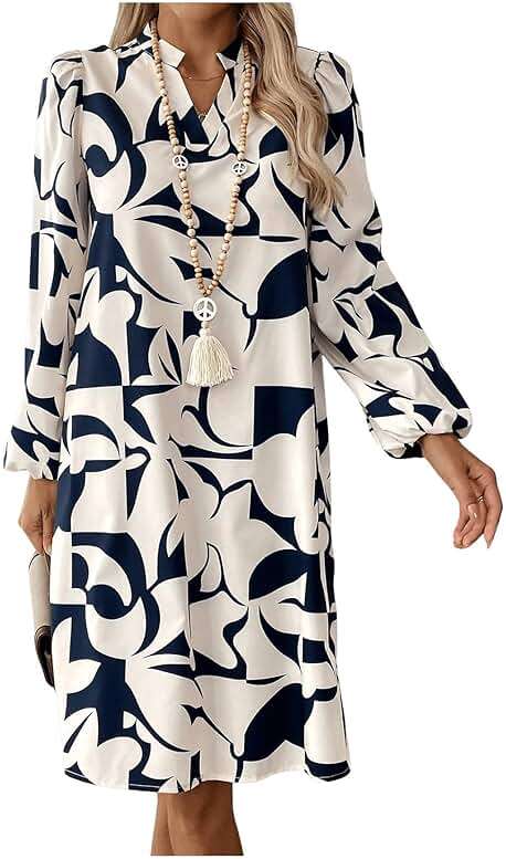 SweatyRocks Women's Geometric Pattern Printed V Neck Dress Collar Lantern Long Sleeve Casual Dresses - Image 6