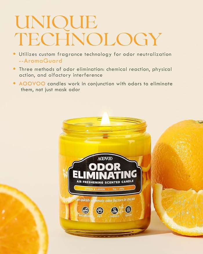 AOOVOO Citrus Lemon Odor Eliminating Highly Fragranced Candle - Eliminates 95% of Pet, Smoke, Food, and Other Smells Quickly, Non Toxic Air Freshing Soy Candle, 9 oz Up to 50 Hours Burn time - Image 2