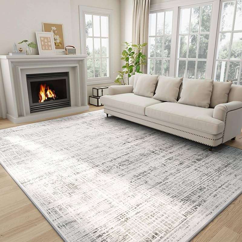 8x10 Area Rugs Washable Rug: Anti-Skid Abstract Modern Living Room Rug Soft Thin Carpets Indoor Floor Non-Shedding Carpet for Bedroom Dining Farmhouse Nursery Home Office (White Gray, 8'x10') - Image 1