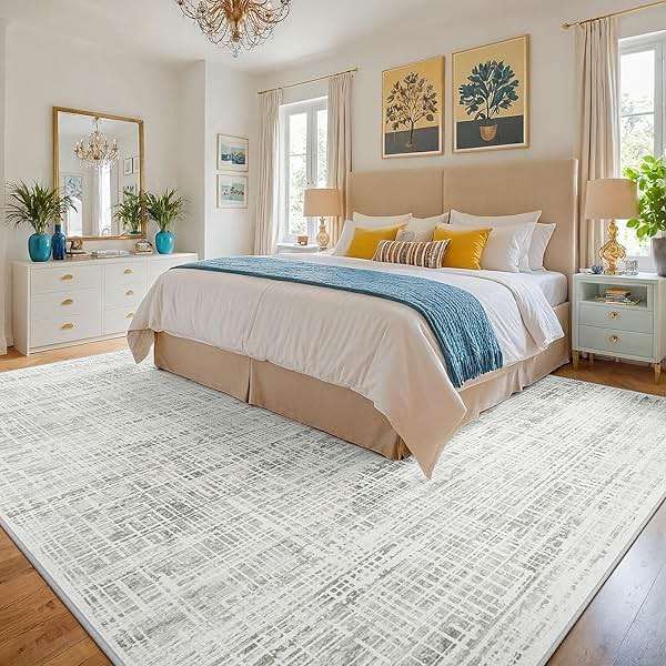8x10 Area Rugs Washable Rug: Anti-Skid Abstract Modern Living Room Rug Soft Thin Carpets Indoor Floor Non-Shedding Carpet for Bedroom Dining Farmhouse Nursery Home Office (White Gray, 8'x10') - Image 2
