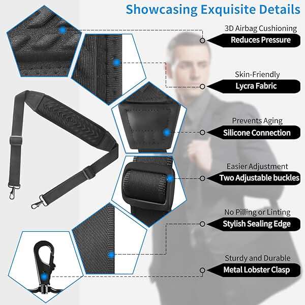 FIEIL 60" Universal Shoulder Strap, 3D Sponge Thick Padded Bag Strap with Double Adjustable Buckles and Metal Hooks, Ideal for Briefcases, Crossbody Bags, Luggage (Storage Bag + Reflective Tape) - Image 3