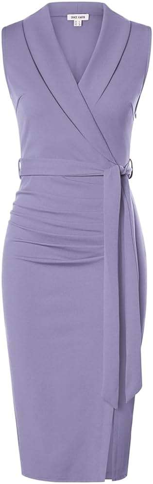 GRACE KARIN Women's Wear to Work Sleeveless Ruched Bodycon Office Pencil Midi Dresses with Belt - Image 1