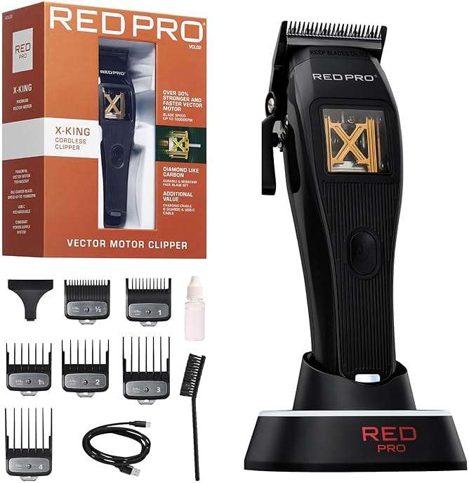 RED Pro X-King Cordless Hair Clipper for Men Hair Cutting, Strong & Fast Vector Motor, DLC Diamond Like Carbon Coated Blade, Rechargeable USB-C Charging Cradle, 6 Guards (Black) - Image 3