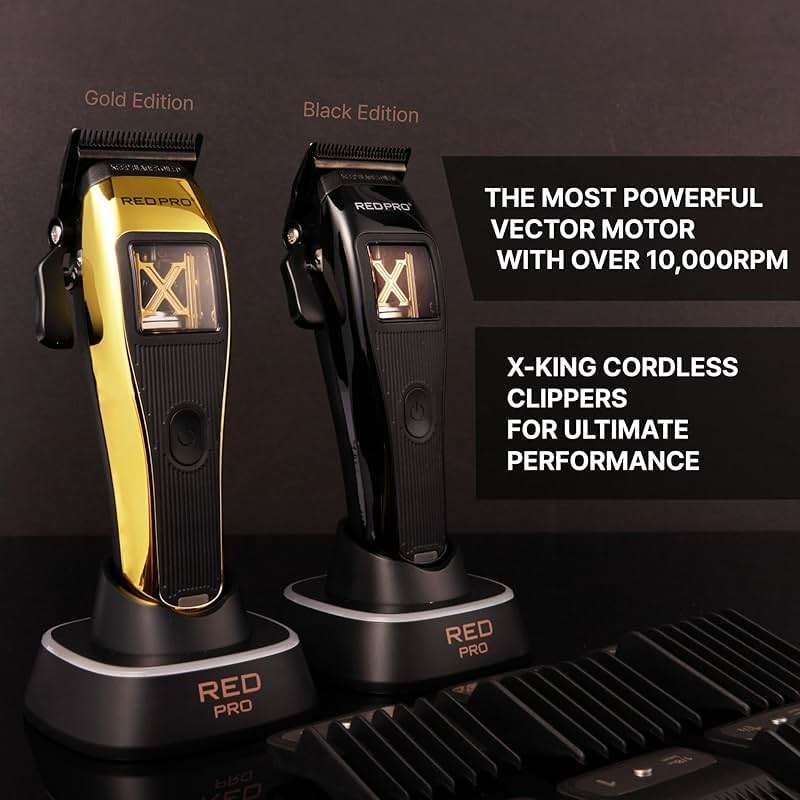 RED Pro X-King Cordless Hair Clipper for Men Hair Cutting, Strong & Fast Vector Motor, DLC Diamond Like Carbon Coated Blade, Rechargeable USB-C Charging Cradle, 6 Guards (Black) - Image 5
