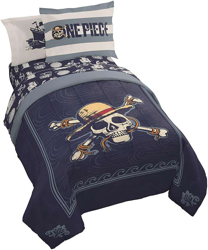 Jay Franco One Piece Twin Size Comforter Set - 5 Piece Blue Bedding Includes Sheet Set & Pillow Covers - Super Soft Anime Bedding with Skull and Bones - Image 1