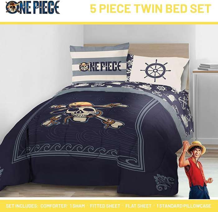 Jay Franco One Piece Twin Size Comforter Set - 5 Piece Blue Bedding Includes Sheet Set & Pillow Covers - Super Soft Anime Bedding with Skull and Bones - Image 2