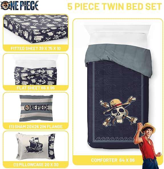 Jay Franco One Piece Twin Size Comforter Set - 5 Piece Blue Bedding Includes Sheet Set & Pillow Covers - Super Soft Anime Bedding with Skull and Bones - Image 3