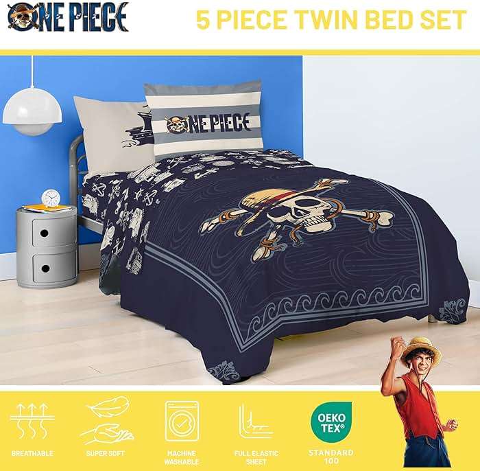 Jay Franco One Piece Twin Size Comforter Set - 5 Piece Blue Bedding Includes Sheet Set & Pillow Covers - Super Soft Anime Bedding with Skull and Bones - Image 4