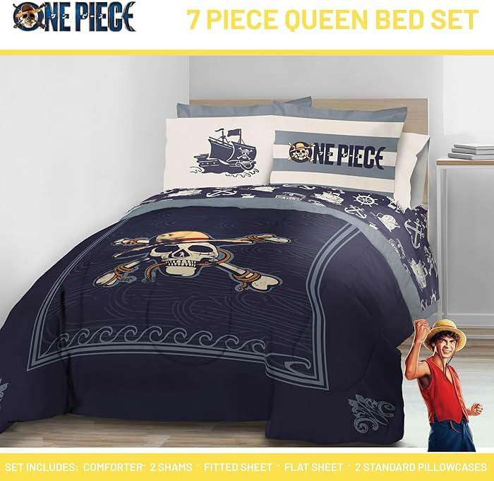 Jay Franco One Piece Queen Size Comforter Set - 7 Piece Blue Bedding Includes Sheet Set & Pillow Covers - Super Soft Anime Bedding with Skull and Bones - Image 2