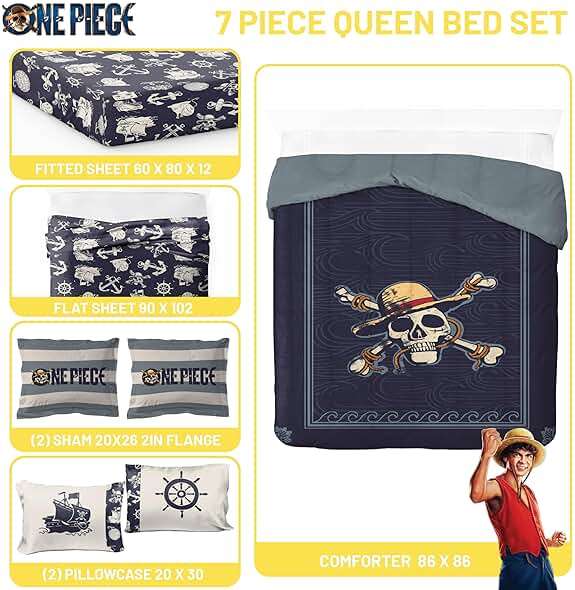 Jay Franco One Piece Queen Size Comforter Set - 7 Piece Blue Bedding Includes Sheet Set & Pillow Covers - Super Soft Anime Bedding with Skull and Bones - Image 3