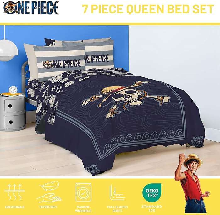 Jay Franco One Piece Queen Size Comforter Set - 7 Piece Blue Bedding Includes Sheet Set & Pillow Covers - Super Soft Anime Bedding with Skull and Bones - Image 4