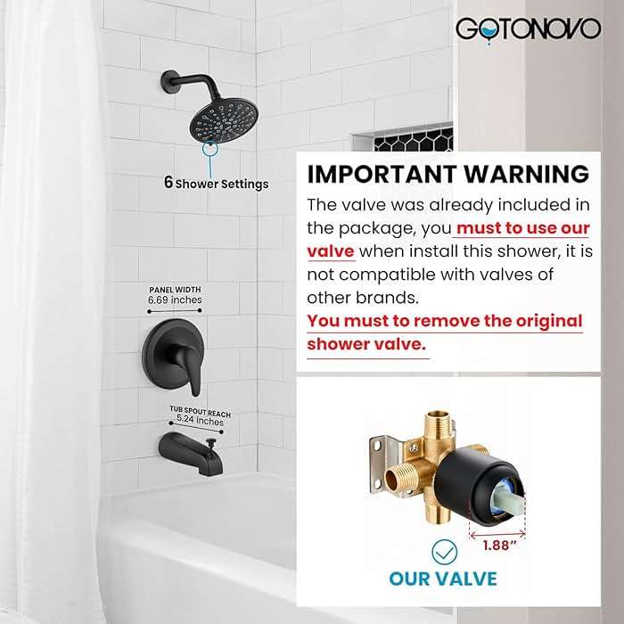 gotonovo Tub Shower Faucet Set Shower Head and Handle Set 6 Modes 6 inch Bathroom Trim Kit with Tub Spout High Pressure Shower System Combo with Valve Round Showerhead Matte Black - Image 3