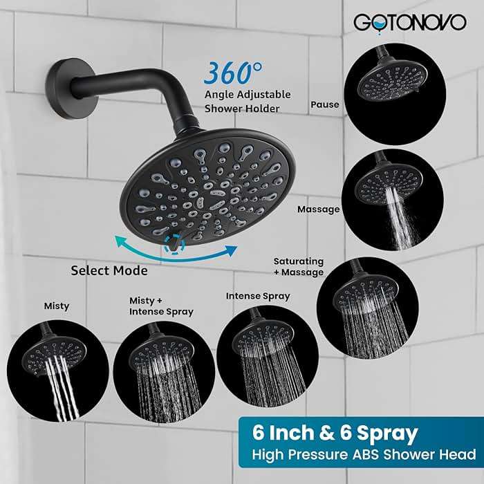 gotonovo Tub Shower Faucet Set Shower Head and Handle Set 6 Modes 6 inch Bathroom Trim Kit with Tub Spout High Pressure Shower System Combo with Valve Round Showerhead Matte Black - Image 4