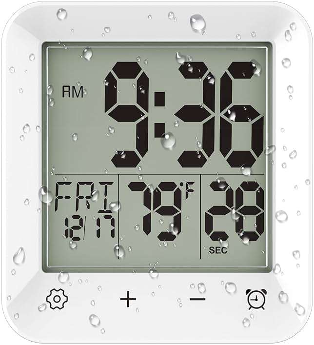 Wisoee Digital Shower Clock Waterproof, Bathroom Wall Clock Timer with Touch Screen, Temperature, LCD Display, Suction Cup Hanging Hole Stand for Kids and Adults - Image 1