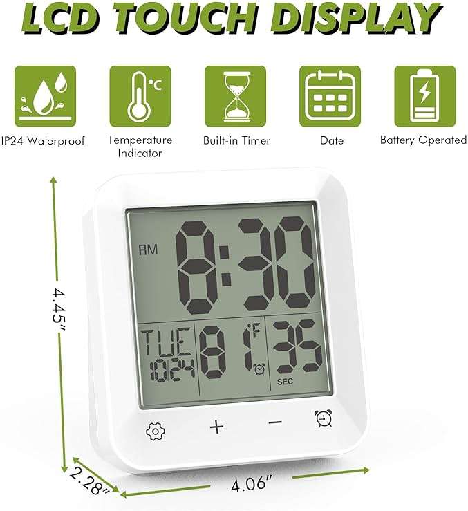 Wisoee Digital Shower Clock Waterproof, Bathroom Wall Clock Timer with Touch Screen, Temperature, LCD Display, Suction Cup Hanging Hole Stand for Kids and Adults - Image 3