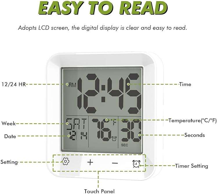 Wisoee Digital Shower Clock Waterproof, Bathroom Wall Clock Timer with Touch Screen, Temperature, LCD Display, Suction Cup Hanging Hole Stand for Kids and Adults - Image 6
