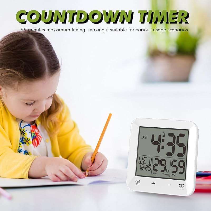 Wisoee Digital Shower Clock Waterproof, Bathroom Wall Clock Timer with Touch Screen, Temperature, LCD Display, Suction Cup Hanging Hole Stand for Kids and Adults - Image 8