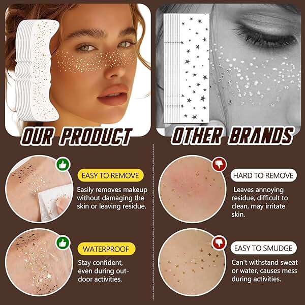Glitter Freckles Face Tattoo, 10 Pcs Gold Face Glow Up Sparkle Makeup Patches - Cute Accessories for Women (Gold-008) - Image 8