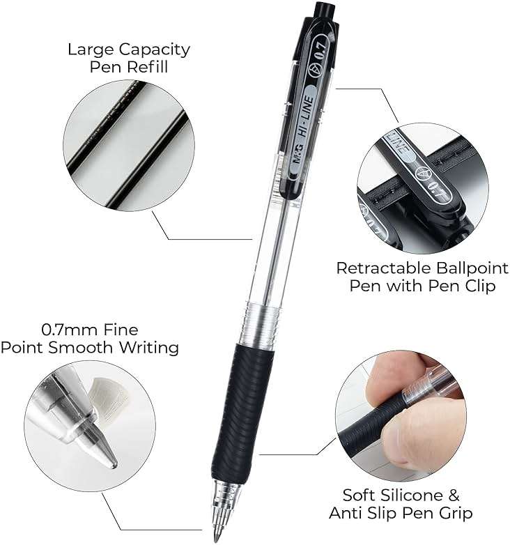 M&G Ballpoint Pens, Black Ink Roller Ball Pens Fine Point 0.7mm, Retractable Ballpoint Pens Bulk Smooth Writing with Soft Anti-Slip Grip for Note Taking Office School Women Men (12 Pack) - Image 4