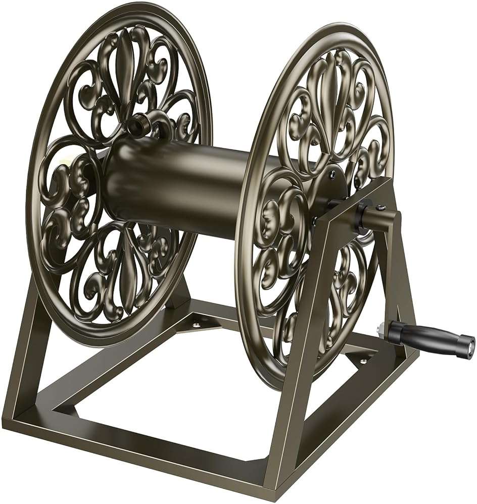 GOFORWILD Garden Wall/Floor Mount Hose Reel, Decorative Hose Reel, Garden Heavy-Duty Water Hose Holder Winder, Holds 200-Feet of 5/8-Inch Hose - Image 1