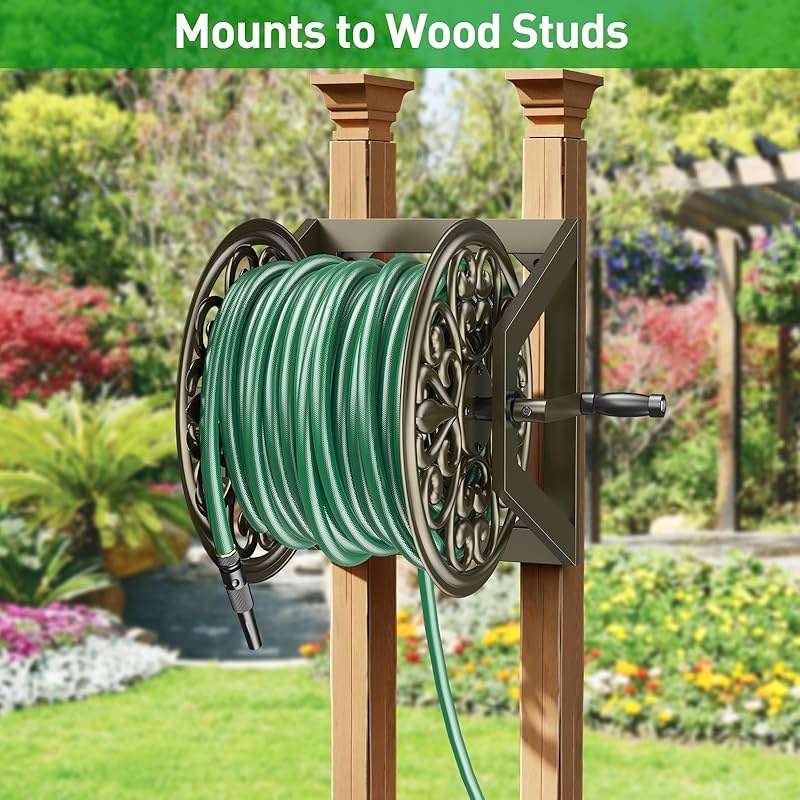 GOFORWILD Garden Wall/Floor Mount Hose Reel, Decorative Hose Reel, Garden Heavy-Duty Water Hose Holder Winder, Holds 200-Feet of 5/8-Inch Hose - Image 2