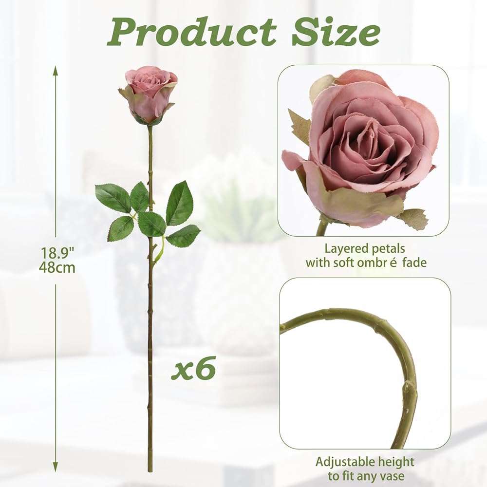 Briful Dusty Roses Pink Artificial Flowers– 6PCS 18.9" Faux Rose Silk Flowers with Long Stems Realistic Fake Rose Bouquet for DIY Wedding Arrangements Table Vase Centerpieces Home Event Decor - Image 3