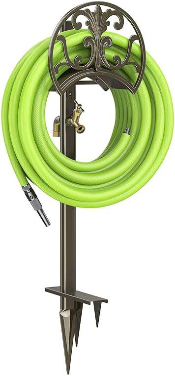 GOFORWILD Garden Hose Stand with Brass Faucet, Detachable Heavy Duty Water Hose Holder, Freestanding Metal Hose Reel Decorative Storage Hanger Holds 150-Feet Hose for Outside Patio Lawn Yard - Image 1