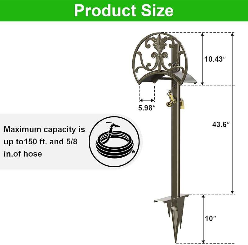 GOFORWILD Garden Hose Stand with Brass Faucet, Detachable Heavy Duty Water Hose Holder, Freestanding Metal Hose Reel Decorative Storage Hanger Holds 150-Feet Hose for Outside Patio Lawn Yard - Image 2