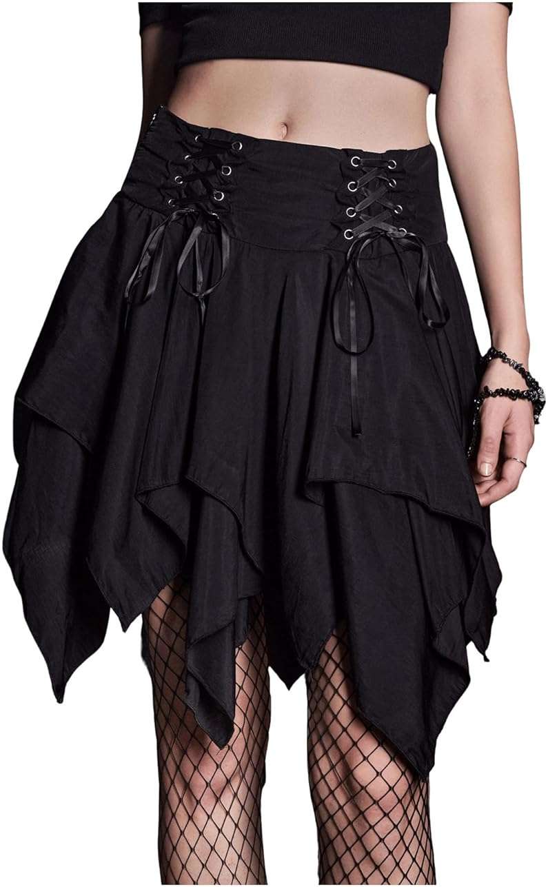 SHENHE Women's Goth Mini Skirt High Waist Asymmetrical Flowy Swing Grunge Punk Fairy Skirt - Image 1