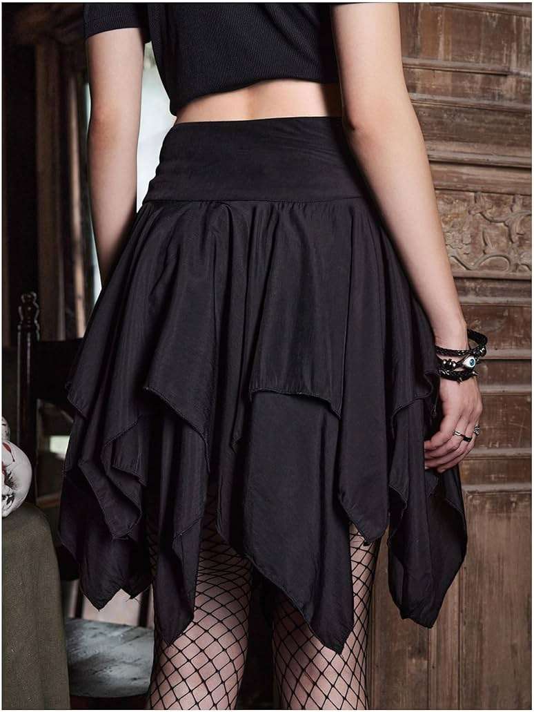 SHENHE Women's Goth Mini Skirt High Waist Asymmetrical Flowy Swing Grunge Punk Fairy Skirt - Image 2