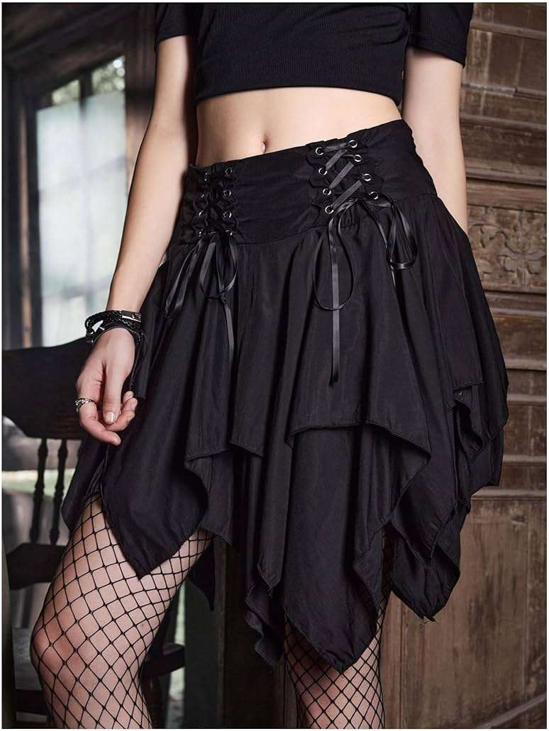 SHENHE Women's Goth Mini Skirt High Waist Asymmetrical Flowy Swing Grunge Punk Fairy Skirt - Image 3