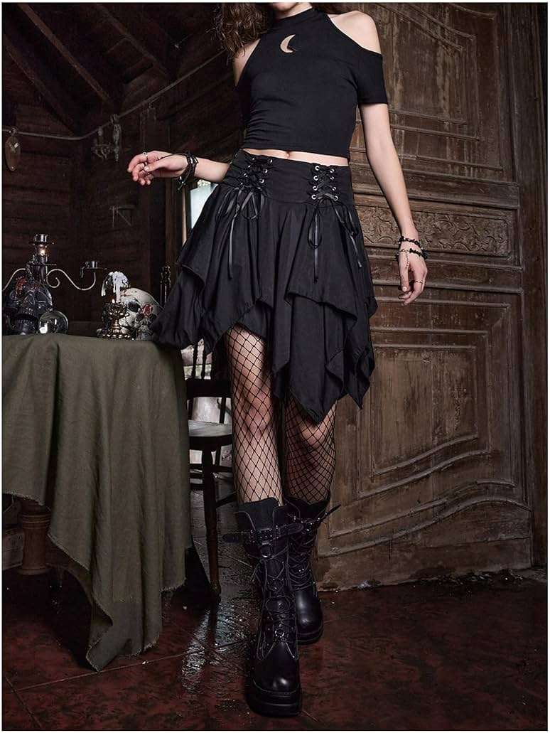 SHENHE Women's Goth Mini Skirt High Waist Asymmetrical Flowy Swing Grunge Punk Fairy Skirt - Image 6