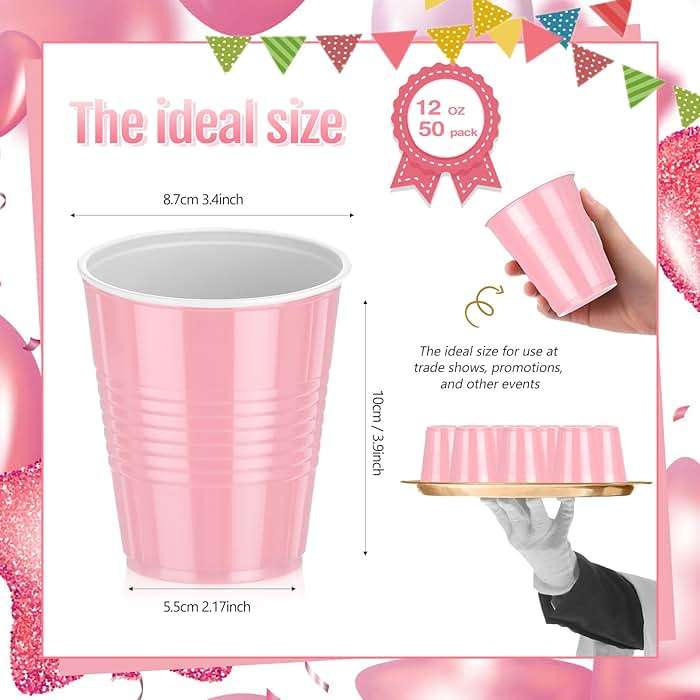 Pickmesh 50 Pack 12 oz Plastic Cups Disposable Cup Bulk for Graduation Wedding Birthday Baby Shower Valentine and Festive Celebration Party Supplies(Light Pink) - Image 3