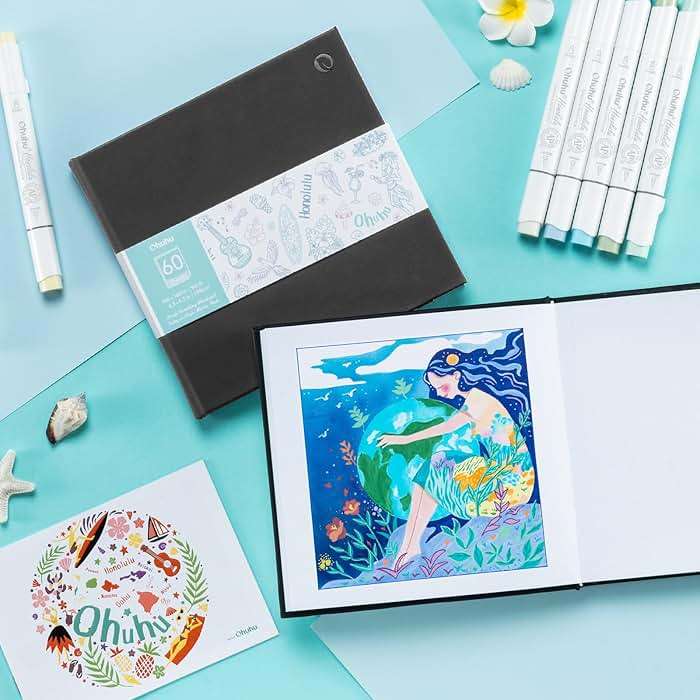 Ohuhu Double-Sided Marker Pad Art Sketchbook Bleedproof - 8.3"x8.3" Square Paper Size - 90 lb/150 gsm Smooth Drawing Paper - 60 Sheets/120 Pages - Hardcover Sketching Book for Alcohol Markers Paints - Image 6