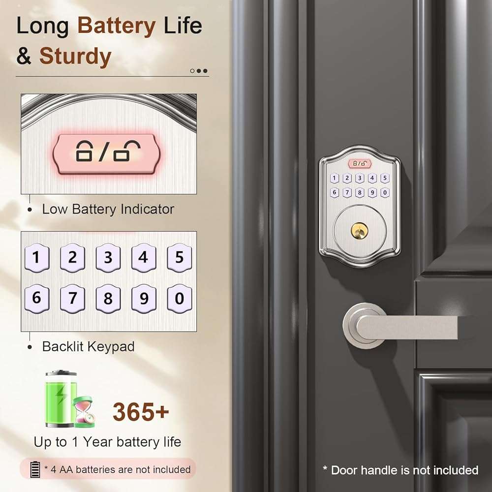 52HZ Keyless Entry Door Lock with Code, Electronic Keypad Deadbolt with 2 Keys, Smart Door Locks for Front Door, Voice Guidance, Anti-Peeping Password, Auto Lock, Easy to Install, Satin Nickel - Image 6