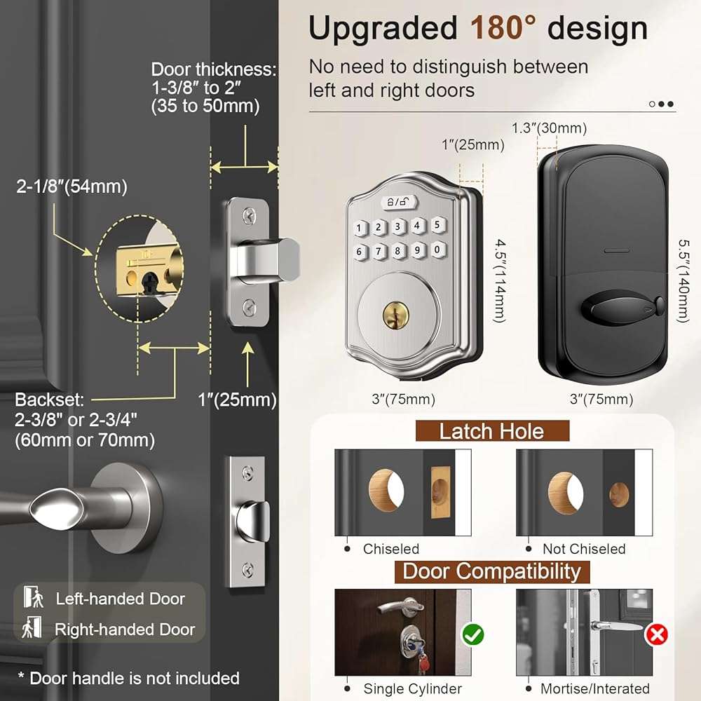 52HZ Keyless Entry Door Lock with Code, Electronic Keypad Deadbolt with 2 Keys, Smart Door Locks for Front Door, Voice Guidance, Anti-Peeping Password, Auto Lock, Easy to Install, Satin Nickel - Image 7