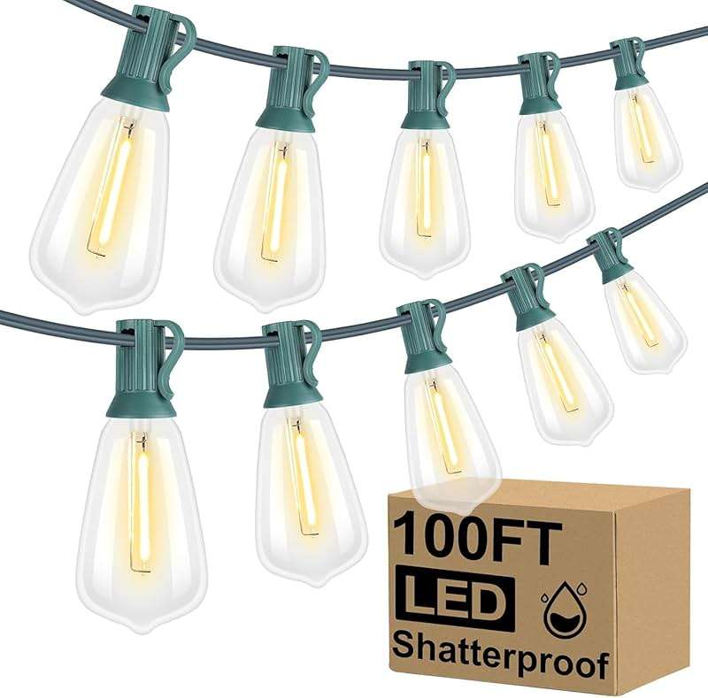 Brightever LED Outdoor String Lights 100FT with 52 Shatterproof ST38 Vintage Edison Bulbs, Outside Hanging Lights Waterproof for Patio, Porch, Deck, Garden, Backyard, Balcony, Green Wire - Image 1