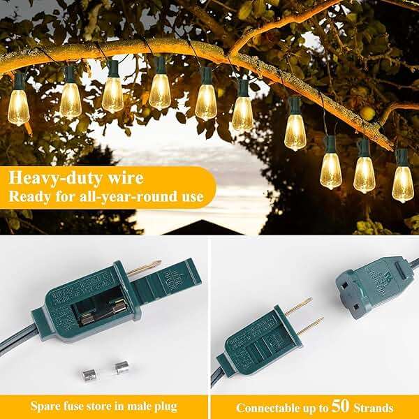Brightever LED Outdoor String Lights 100FT with 52 Shatterproof ST38 Vintage Edison Bulbs, Outside Hanging Lights Waterproof for Patio, Porch, Deck, Garden, Backyard, Balcony, Green Wire - Image 4