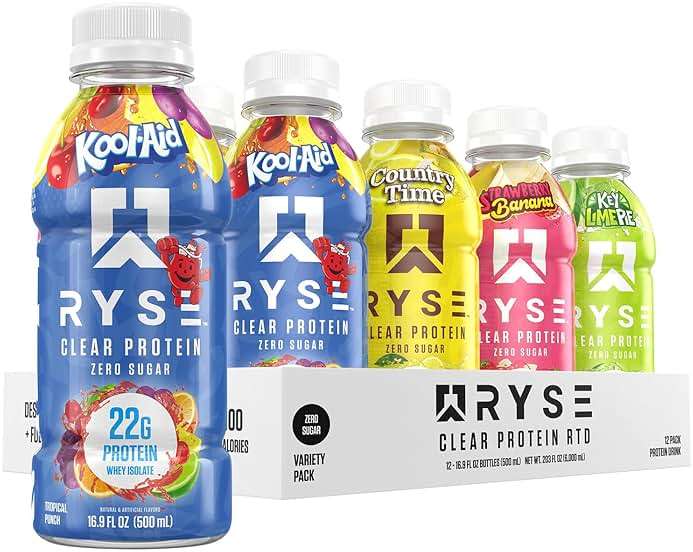 RYSE Clear Protein Drink - Variety Pack - 100 Calories, 22g Whey Isolate Protein Shake, Sugar-Free, 0g Fat & Lactose-Free - Refreshing Ready-to-Drink Beverage - 16.9 fl oz Bottles (12-Pack) - Image 1