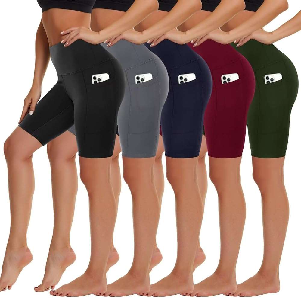 5 Pack Biker Shorts with Pockets for Women - 5"/8" High Waist Spandex Workout Yoga Running Athletic - Image 1