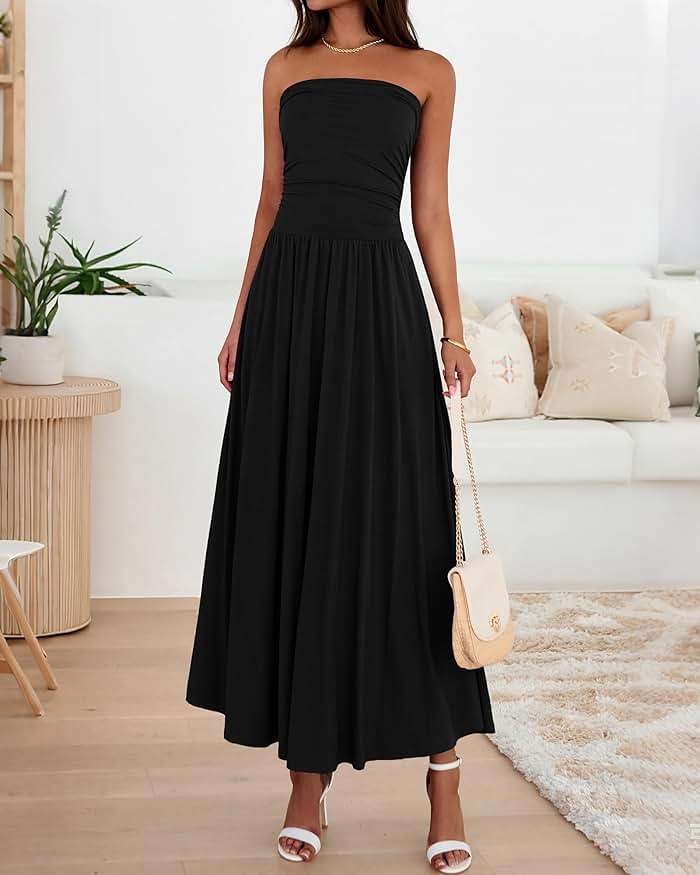 BTFBM Summer Maxi Dresses for Women 2026 Strapless Ruched Tube Top Beach Vacation Spring Wedding Guest Dress Pockets - Image 2