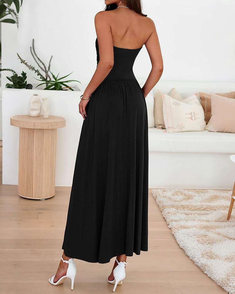 BTFBM Summer Maxi Dresses for Women 2026 Strapless Ruched Tube Top Beach Vacation Spring Wedding Guest Dress Pockets - Image 3