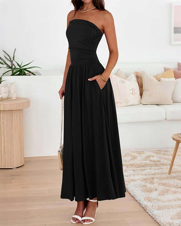 BTFBM Summer Maxi Dresses for Women 2026 Strapless Ruched Tube Top Beach Vacation Spring Wedding Guest Dress Pockets - Image 5