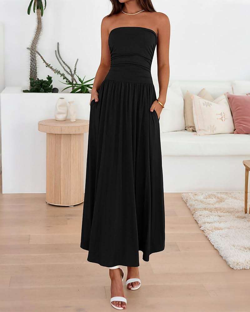 BTFBM Summer Maxi Dresses for Women 2026 Strapless Ruched Tube Top Beach Vacation Spring Wedding Guest Dress Pockets - Image 6